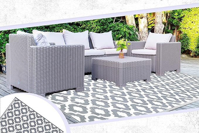 BalajeesUSA Outdoor Rugs 9 by 18 Feet Grey Reversible Recycled Plastic Straw Patio Rugs Waterproof Large RV Camper Awning mat 7070