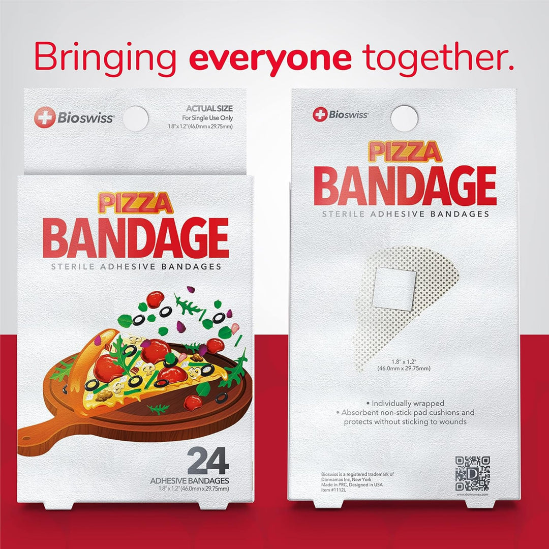 BioSwiss Bandages, Pizza Shaped Self Adhesive Bandages, Latex Free Sterile Wound Care, Fun First Aid Kit Supplies for Kids, 24 Count
