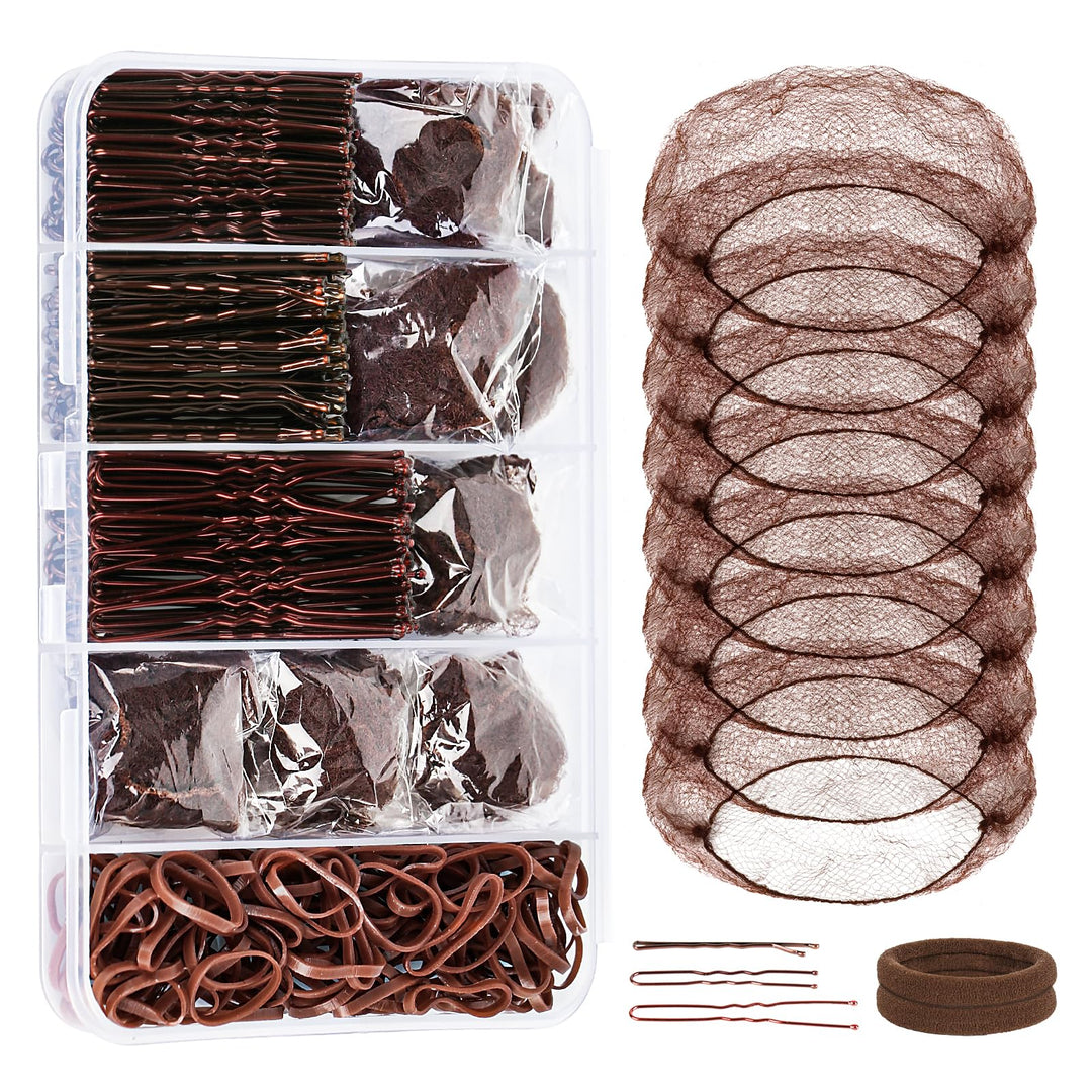 YGQQOY Dance Hair Accessories Kit, Dance Stuff with 100 U-shaped Pins, 50 Bobby Pins, 100 Elastic Rubber Bands, 8 Invisible Hair Nets,2 Hair Ties for Ballet Bun,Dance Competitions,Brown