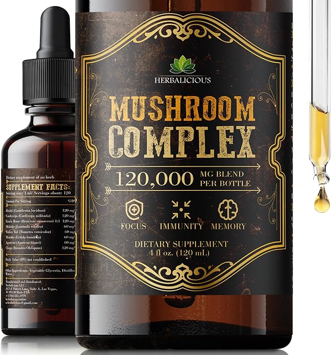 Mushroom Complex Supplement – 8 Mushroom Blend for Focus, Memory & Immune Support – High Potency 120,000mg Mushroom Supplement with Lion’s Mane, Reishi, Cordyceps, Chaga – 4 fl oz
