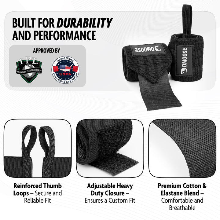 DMoose Wrist Wraps Weightlifting Men 12 and 18 Inches Thumb Loops with Wrist Support for Workouts Powerlifting Wrist Straps for Weight Lifting Men and Women Black Stripes