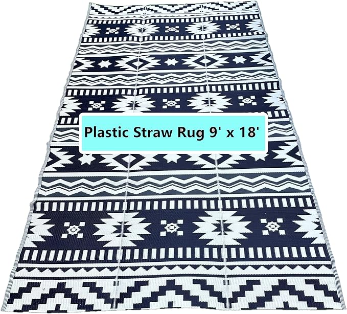 BalajeesUSA Outdoor Rugs–9x18 Plastic Patio Decor Grey Dark Blue, Durable and Affordable Recycled Straw Picnic All-Weather and Waterproof Reversible Camper Awning mats 7582