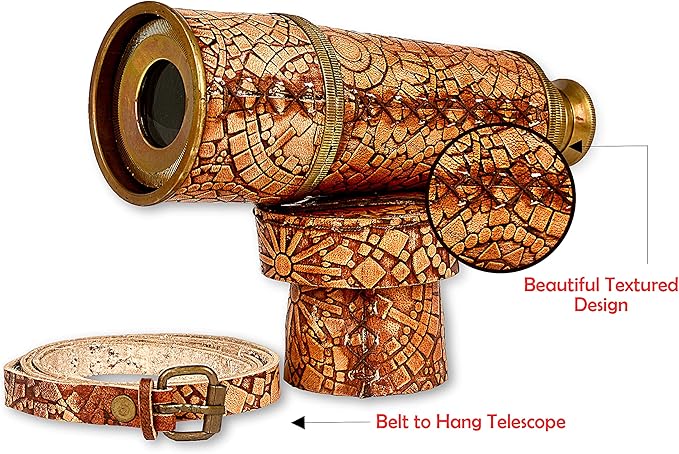 RII Antique Decor Spyglass, Pirate Telescope with Leather Case, Handheld Telescope for Adventure Enthusiasts, Monocular Nautical Decor for Gifting, Travellers, Mandala Vintage, 16"