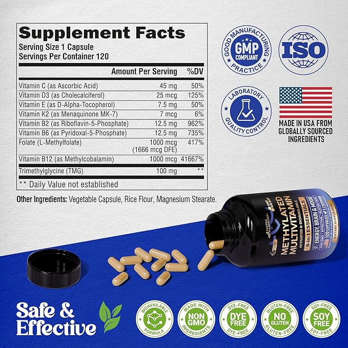 Methylated Multivitamin - B-Complex with Methylfolate & B12 - for Men & Women - 9-in-1 MTHFR Supplement with TMG - for Energy, Brain & Mood - Vegan, Lab Tested - Made in USA - 120 Capsules, One/Day