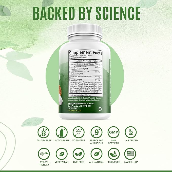 100% Pure Mushroom Supplement for Immune, Energy, Clarity, Cognition, Memory, Nerves Support - Lions Mane, Cordyceps, Reishi, Turkey Tail with Powerful Mushroom Blend
