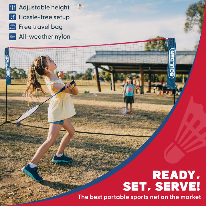 BOULDER Portable Badminton Net Set - for Tennis, Soccer Tennis, Pickleball, Kids Volleyball - Easy Setup Nylon Sports Net with Poles (Blue/Red, 17 FT)