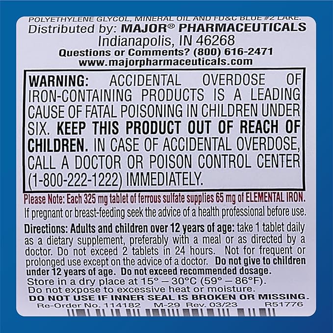 MAJOR Ferosul - Ferrous Sulfate 325mg Tablets with 65mg of Elemental Iron - Iron Supplement for Women, Men - Red - 100 Tablets (3 Pack)