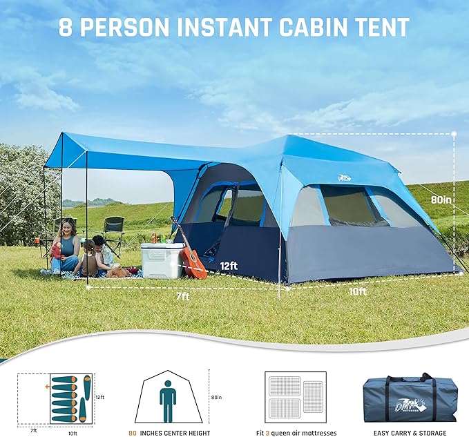 4/6/8 Person Instant Cabin Tent, Easy 60 Second Setup Family Tents for Camping, Pop up Camping Tent, Large Waterproof Tents for Outdoor Camping, Spacious Interior, Upgraded Ventilation