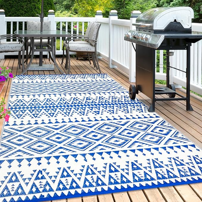 Waterproof Outdoor Rug 6x9ft, Bohemia Reversible Plastic Straw Mat for Patio RV Deck Porch Backyard Balcony Camping Picnic Beach Indoor Outdoor Carpet, Blue&White