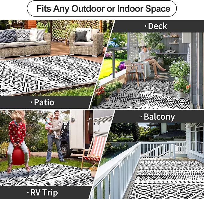 Waterproof Outdoor Rug 5x8ft, Bohemia Reversible Plastic Straw Mat for Patio RV Deck Porch Backyard Balcony Camping Picnic Beach Indoor Outdoor Carpet, Black&White