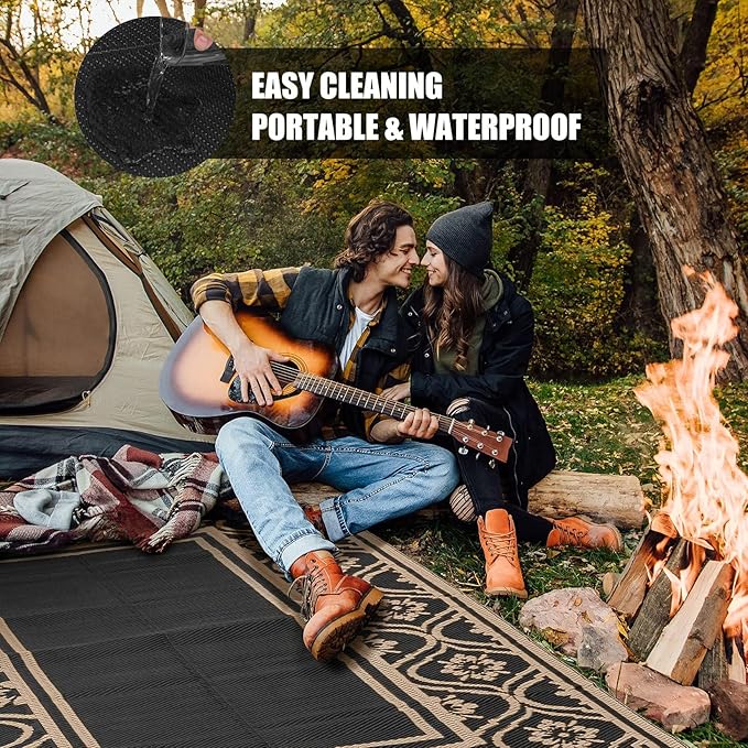 Plastic Outdoor Rug 6'x9' Waterproof Camping Carpet Outside Area Rug Reversible Brown Rugs for RV Deck Entryance Porch Picnic Balcony Beach