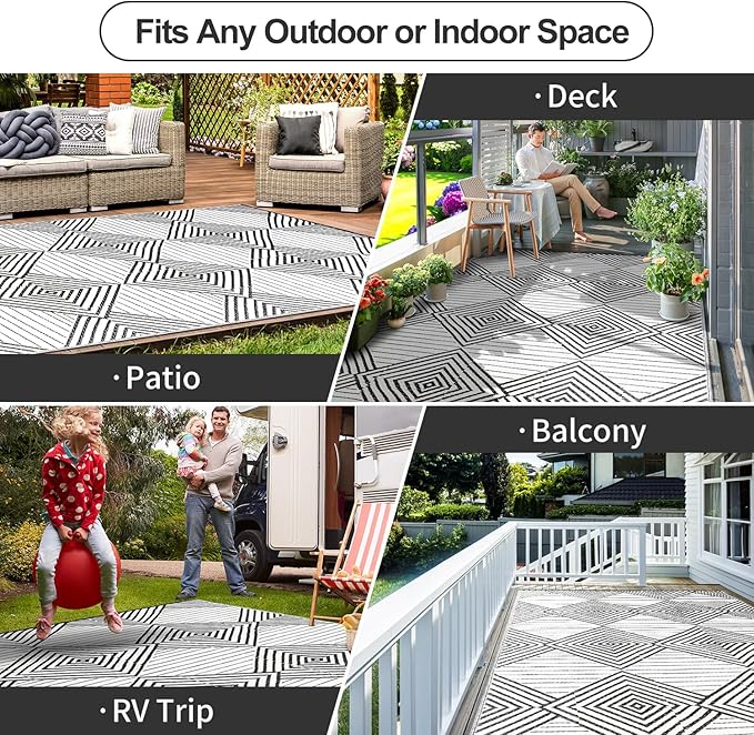 Waterproof Outdoor Rug 8x10ft, Foldable Reversible Plastic Straw Mat for Patio RV Deck Porch Backyard Balcony Camping Picnic Beach Indoor Outdoor Carpet, Black&White