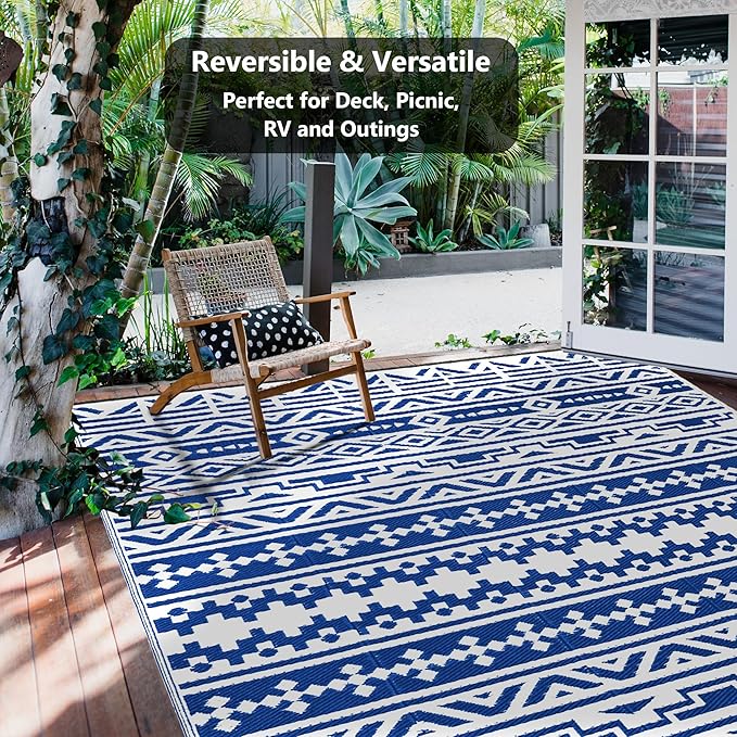 Outdoor Plastic Straw Rug, Waterproof Outdoor Rugs for Patios Clearance, Reversible Area Rug, Large Outside Carpet for Camping, Balcony, RV, Deck, Picnic, Beach 5x8ft Geometric Boho Blue&White