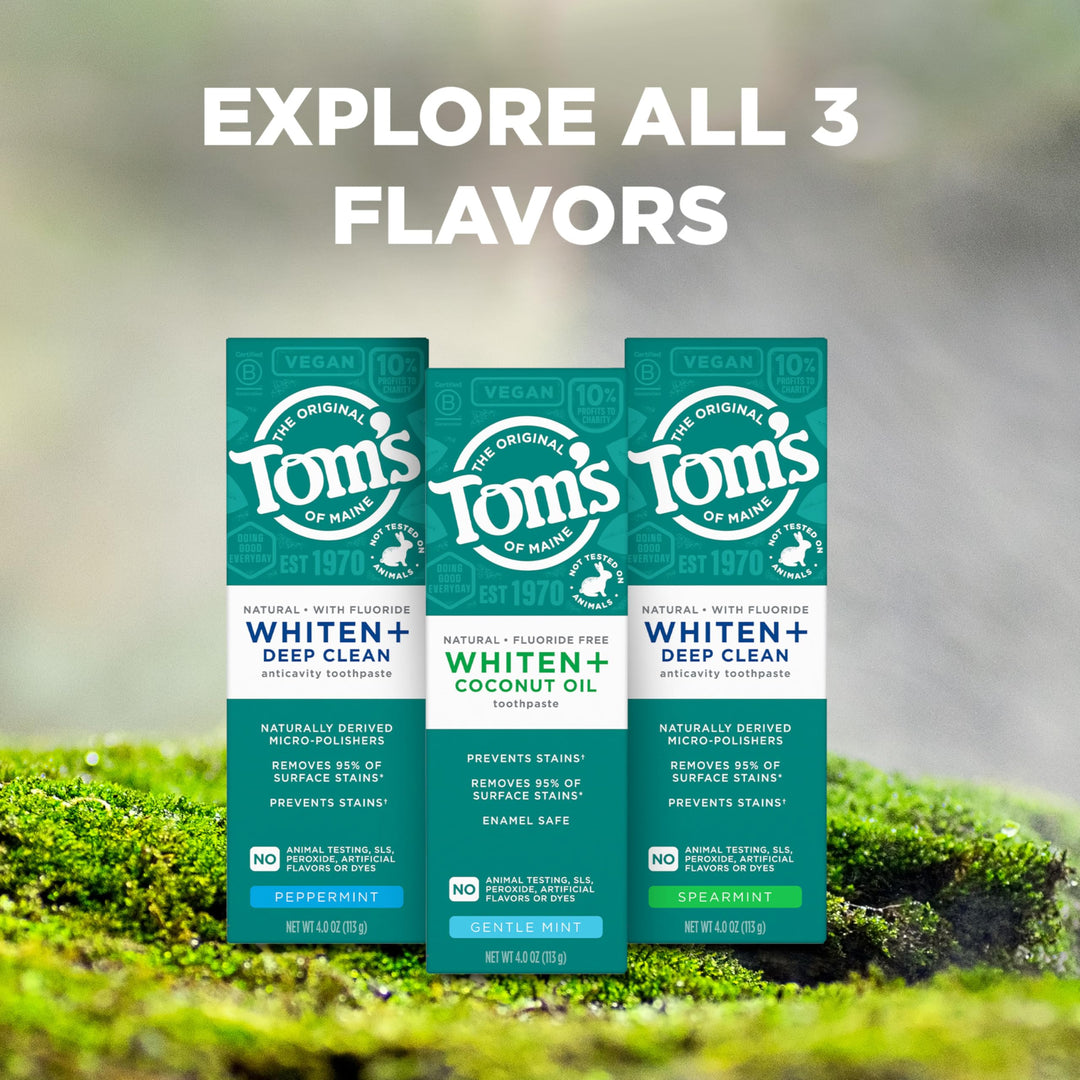 Tom’s of Maine Whiten Plus Coconut Oil Fluoride Free Toothpaste, Natural Whitening Toothpaste with Coconut Oil and Plant-Based Cleansers, Whitens Without Causing Sensitivity, Gentle Mint, 4.0 Oz