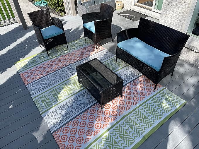 BalajeesUSA Outdoor Rugs 9x12 ft Large Plastic Patio Green, Orange Affordable Multipurpose Woven Plastic Straw All-Weather Waterproof Reversible Camper mat Backyard Picnic Sports Camps Tent