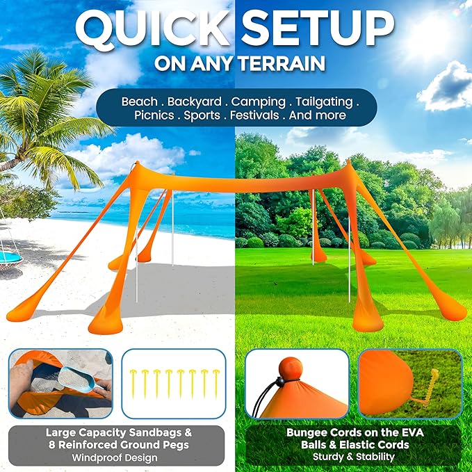 Beach Canopy Beach Tent Pop Up Shade 10x10ft Sun Shelter UPF50+ with 8 Sandbags-2 Sand Shovel-4 Aluminum Poles-Ground Pegs-Portable Carrying Bag for Outdoor Family Camping Fishing Yard Picnic