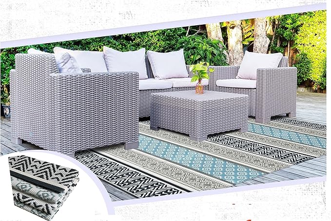 BalajeesUSA Outdoor Rug - 9x18 Grey, Teal, Reversible Recycled Plastic Straw Outdoor Patio Rugs Clearance Waterproof Large RV Camper Mats 7087
