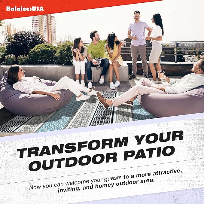 BalajeesUSA Outdoor Rug - 9x18 Grey, Teal, Reversible Recycled Plastic Straw Outdoor Patio Rugs Clearance Waterproof Large RV Camper Mats 7087