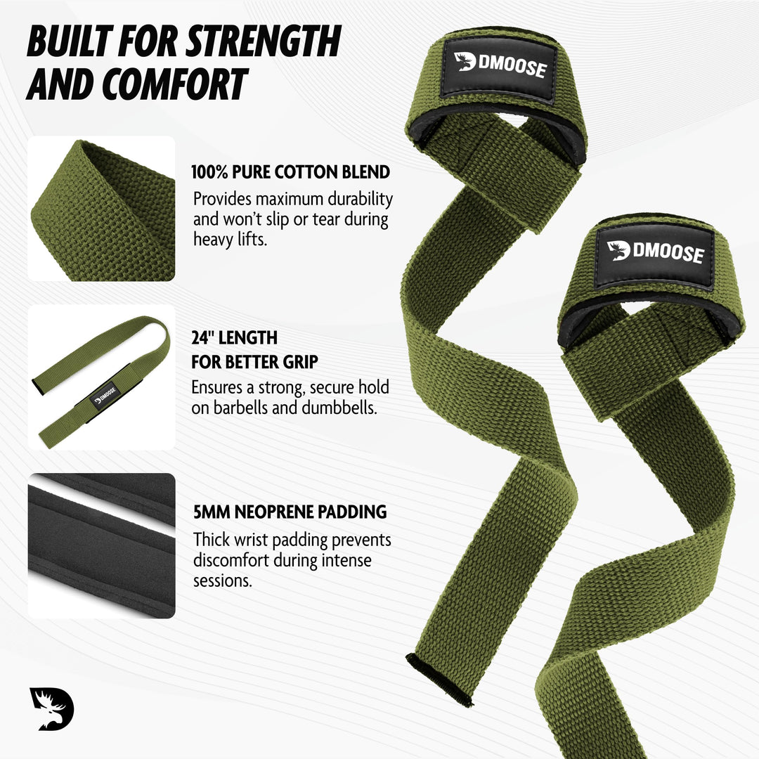 DMoose Fitness Lifting Straps - 4mm Neoprene Padded Wrist Straps for Weightlifting & Powerlifting - Cotton Lifting Strap with Silicone Grip for Men & Women - Durable Deadlift Straps for Gym Workout