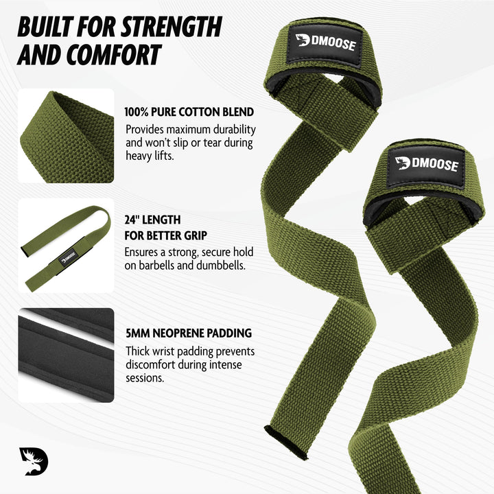 DMoose Fitness Lifting Straps - 4mm Neoprene Padded Wrist Straps for Weightlifting & Powerlifting - Cotton Lifting Strap with Silicone Grip for Men & Women - Durable Deadlift Straps for Gym Workout