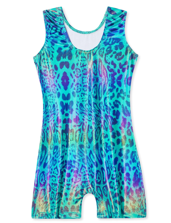 Domusgo Gymnastics Leotards for Girls Size 5-6 Years Old Shiny Emerald Leopard Sleeveless Biketards
