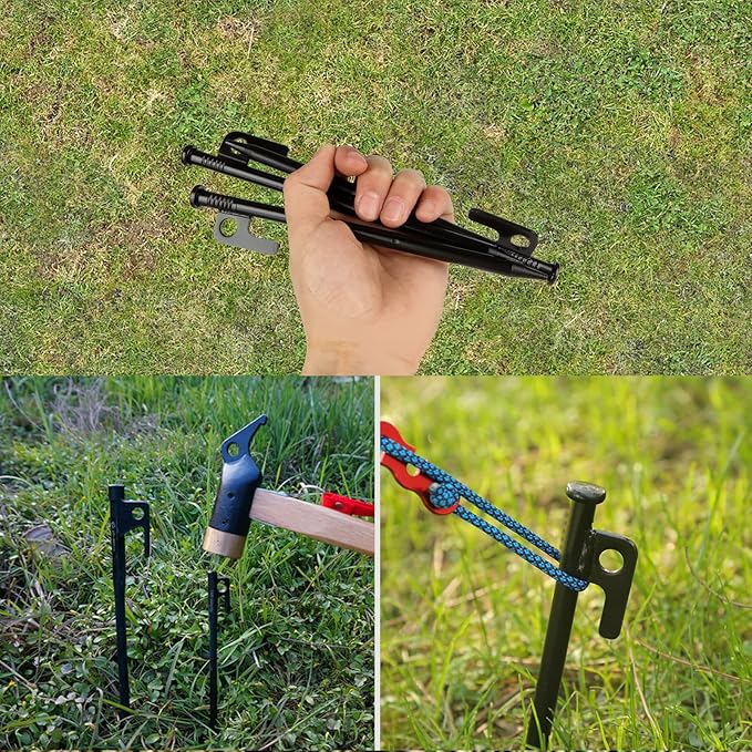 12 Pack Tent Stakes Heavy Duty, Multiuse Forged Steel Tent Pegs, 8 inch Metal Camping Ground Stakes, Unbreakable and Inflexible, Available in Rocky Place Dessert Snowfield and Grassland (Black)