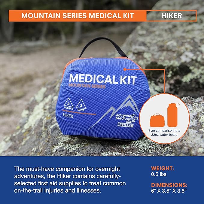 Adventure Medical Kits Mountain Series Medical Kit - Hiker - Emergency Medical First Aid Kit - For 2 People for 2 Days - Comes with a Trauma Pad, Medicine, Guide Book & More