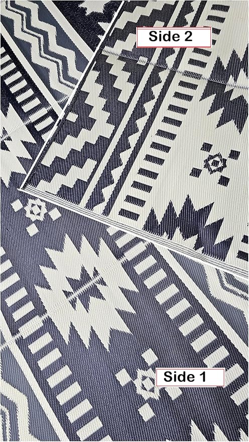 BalajeesUSA Outdoor Rugs 9x12 ft Large Plastic Patio Grey Dark Blue Affordable Multipurpose Woven Plastic Straw All-Weather Waterproof Reversible Camper mat Backyard Picnic Sports Camps Tent 7575