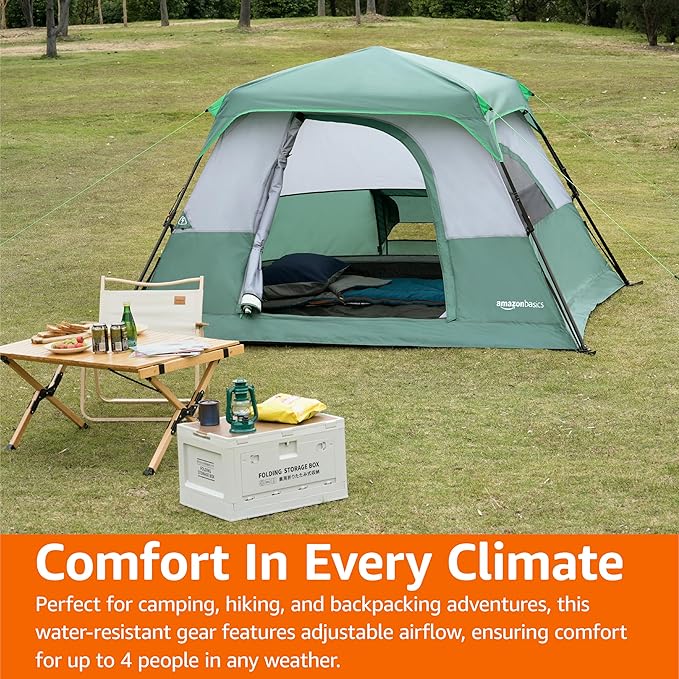 Amazon Basics Instant Camping Tent with Rainfly, Weather-Resistant, Quick Setup