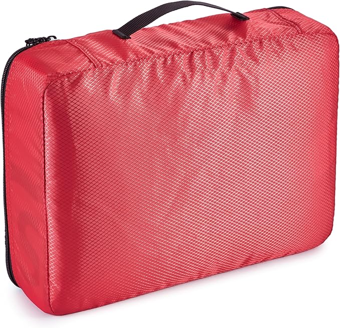 Amazon Basics Medium Packing Cubes for Travel, Packing Organizers, 4-Piece-Set With Double Zipper Pulls and Mesh Top Panel, 100% Durable Polyester, Red, 13.8"L x 9.8"W x 3"H