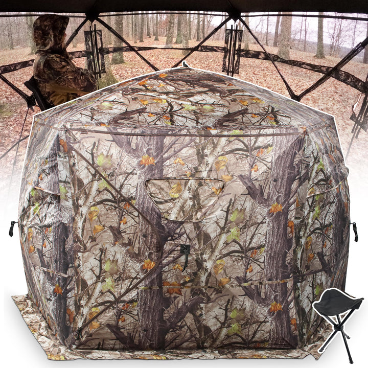 Extra Large Hunting Blind 4 Person with Portable Hunting Chair, 288 Degree See Through Pop up Ground Blinds for Deer Turkey Duck Hunting, Bow Hunting Adjust Windows with Silent Zipper