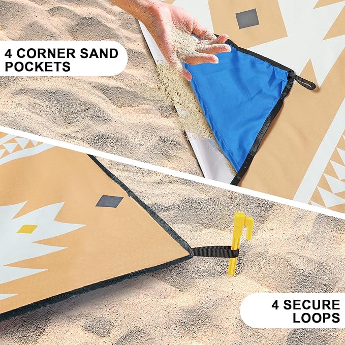 Beach Blanket, Sandproof Beach Mat, Waterproof Quick Drying Lightweight Outdoor Aztec Picnic Mat 79" X 83" for 2-4 Adults with Pocket for Travel, Camping, Hiking