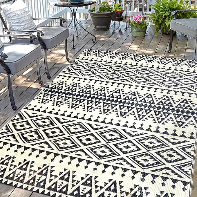 Waterproof Outdoor Rug 5x8ft, Bohemia Reversible Plastic Straw Mat for Patio RV Deck Porch Backyard Balcony Camping Picnic Beach Indoor Outdoor Carpet, Black&Beige