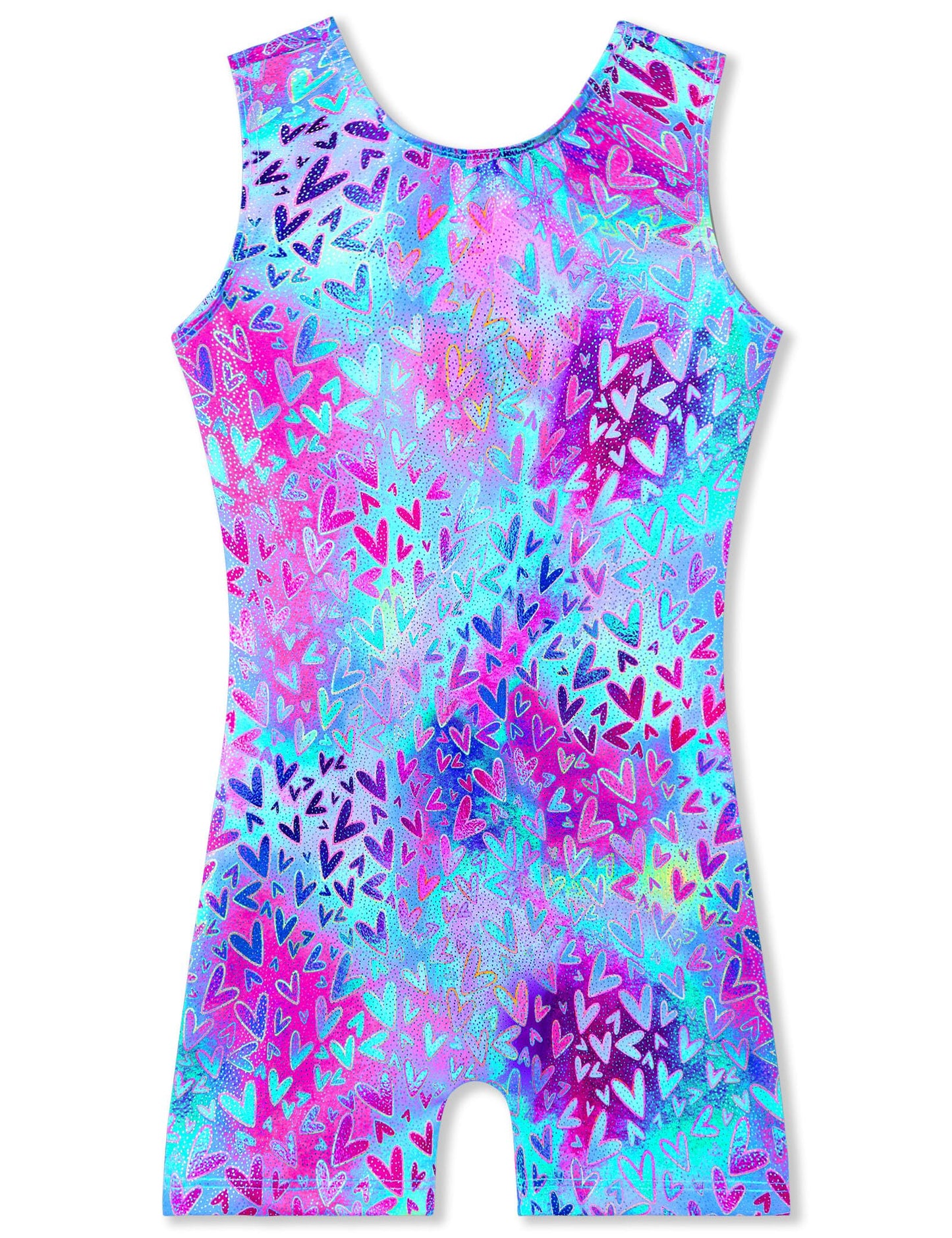 TENVDA Girls Gymnastics Leotards Size 5-6 Years Old Sparkly Blue Hearts Print Sleeveless Biketards Kids Tumbling Unitard