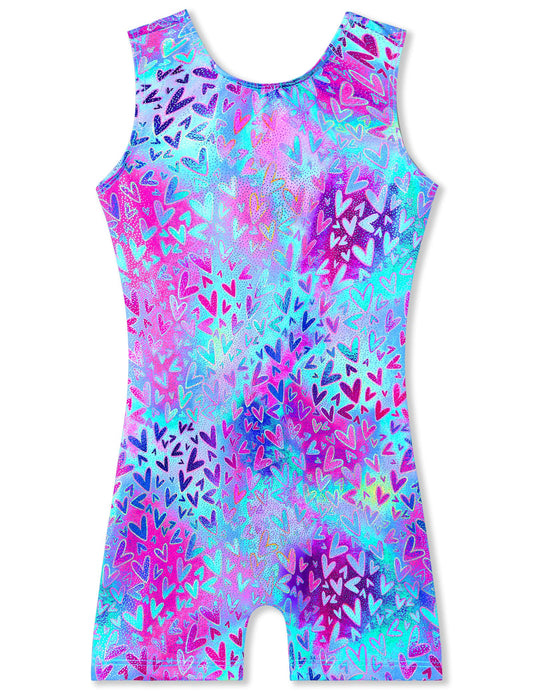 TENVDA Girls Gymnastics Leotards Size 5-6 Years Old Sparkly Blue Hearts Print Sleeveless Biketards Kids Tumbling Unitard