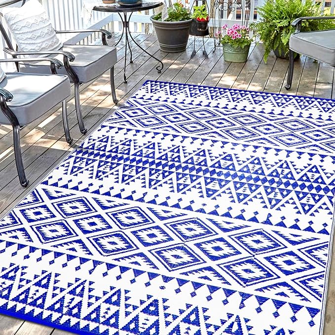 Outdoor Rug Mat for Patio, 6x9ft Waterproof Reversible Plastic Straw Rugs, Camping Carpet Area Mats for RV, Porch, Deck, Backyard, Balcony, Camper, Trailer, Blue & White