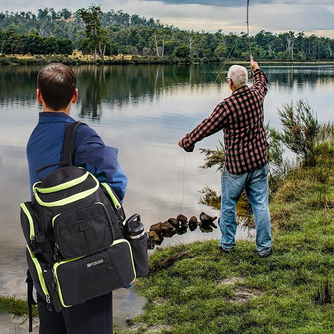 48L Large Fishing Tackle Backpack With Rod Holders, 4 Tackle Box, Protective Rain Cover - Water Resistant Storage Bag for Camping, Hiking, Hunting