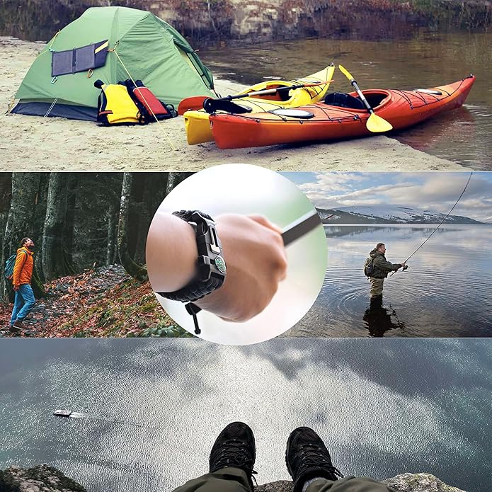 aZengear Paracord Survival Bracelet (2 Pack) | Flint Steel Fire Starter, Whistle, Compass, Mini Saw | Adjustable Wrist Band Size for Camping, Bushcraft, Emergency Kit (Black & Orange)