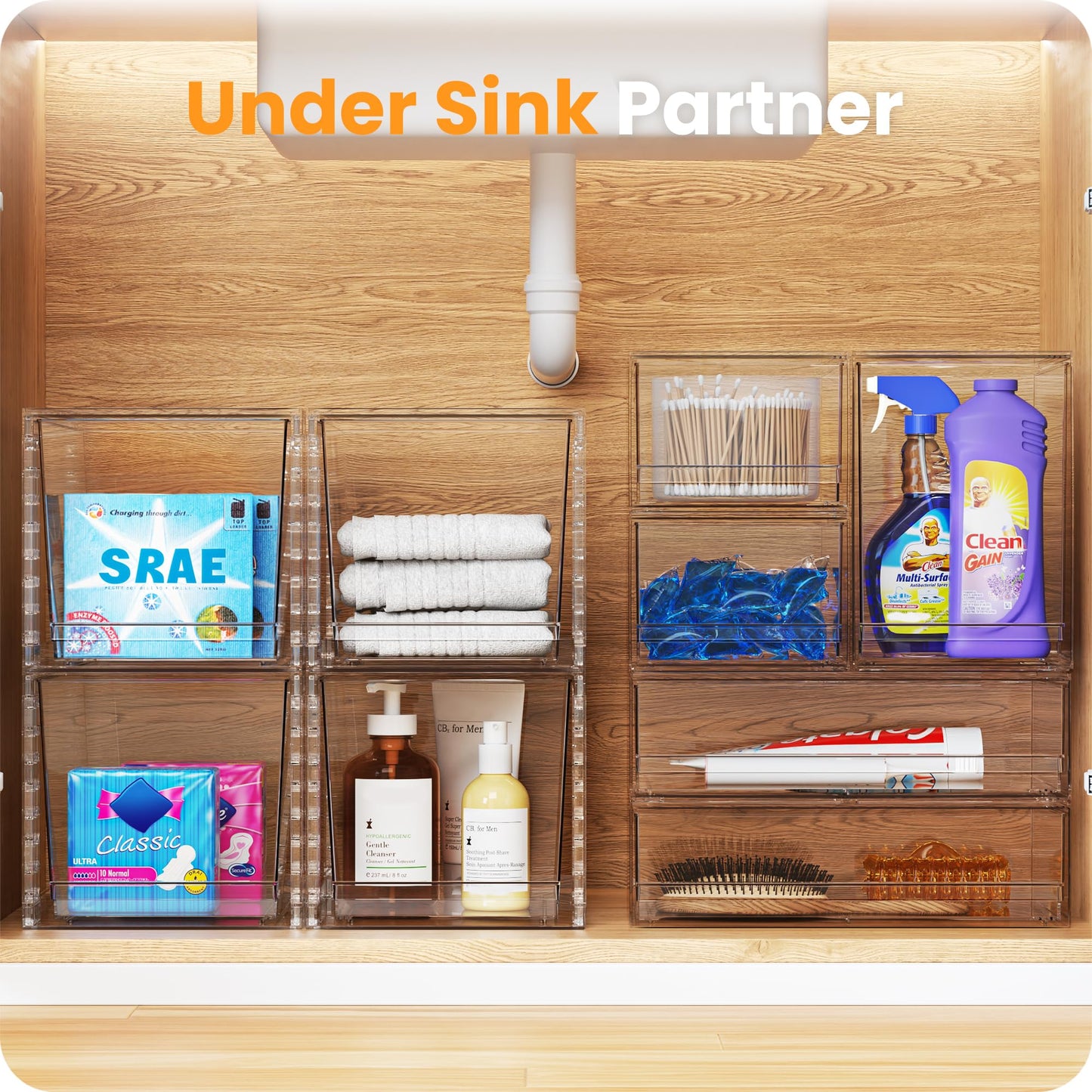 A-LuGei 2 Pack 𝗖𝗿𝘆𝘀𝘁𝗮𝗹 𝗖𝗹𝗲𝗮𝗿 Vanity Makeup Organiser, Stackable Acrylic Desk Drawer Organisers and Storage, Plastic Organisation Box for Bathroom Skincare Perfume Medicine Under Sink