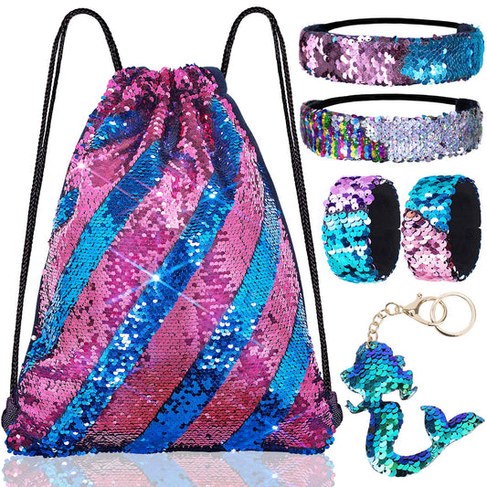 Mermaid Reversible Sequin Drawstring Backpack/Bag Dark Blue/Dark Pink for Kids Girls One_Size