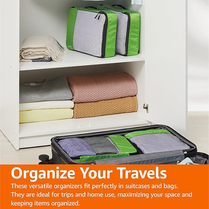 Amazon Basics Medium Packing Cubes for Travel, Packing Organizers, 4-Piece-Set With Double Zipper Pulls and Mesh Top Panel, 100% Durable Polyester, Green, 13.8"L x 9.8"W x 3"H