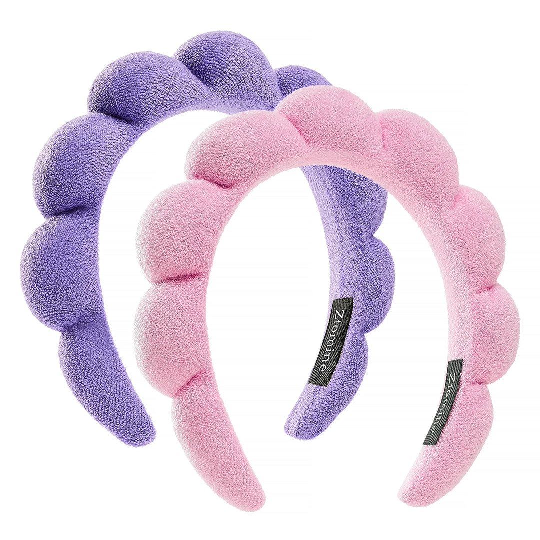 Spa Facial Headbands Combo Pack - 2 Terry Cloth Makeup Headbands For Face Washing, Masks, And Skin Treatments (Pink + Purple)