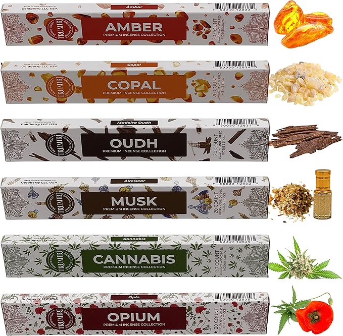 Exotic Incense Sticks Variety Pack - 120 Insence-Sticks (6 Incents x 20 Insense) - Copal Amber Oud (Agarwood) Musk - Natural Inscents-Sticks Non Toxic Incienso + Incense Holder for Men Women