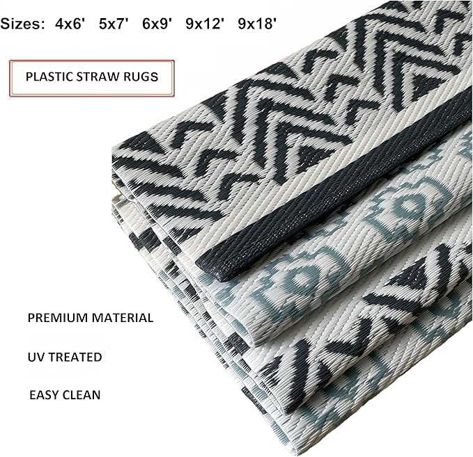BalajeesUSA Outdoor Plastic Patio Rugs – 9x12, Grey, Teal Durable and Affordable Multipurpose Woven Plastic Straw All-Weather and Waterproof Rug Reversible Camper Mats Large rv mats Outdoor