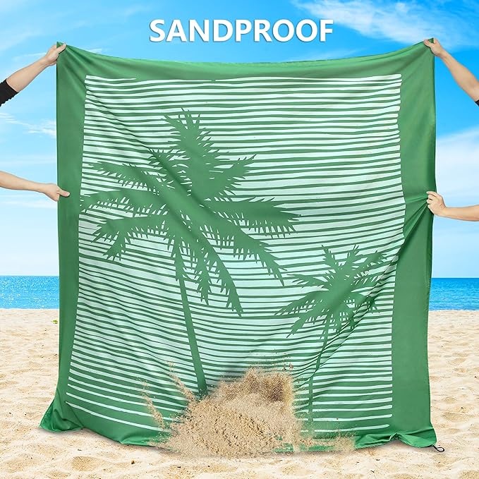 Beach Blanket Sandproof Extra Large Beach Mat Adults Waterproof Quick Drying Sand Free Mat Made by Premium Polyester with 4 Stakes & 4 Corner Pockets for Outdoor Travel Camping Hiking