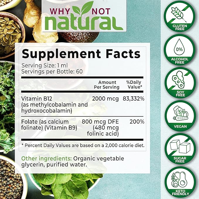 Why Not Natural Vitamin B12 Liquid Plus Folate - Organic Sublingual Extra Strength Vegan Drops - Methyl Supplement with Folinic