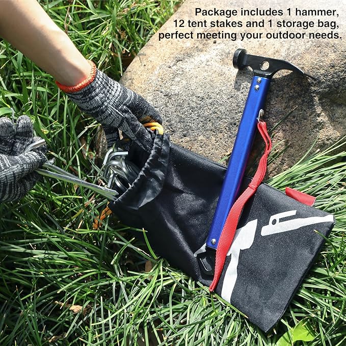 REDCAMP Aluminum Camping Hammer with Hook, 12" Portable Lightweight Multi-Functional Tent Stake Hammer for Outdoor,Black/Red/Orange/Blue