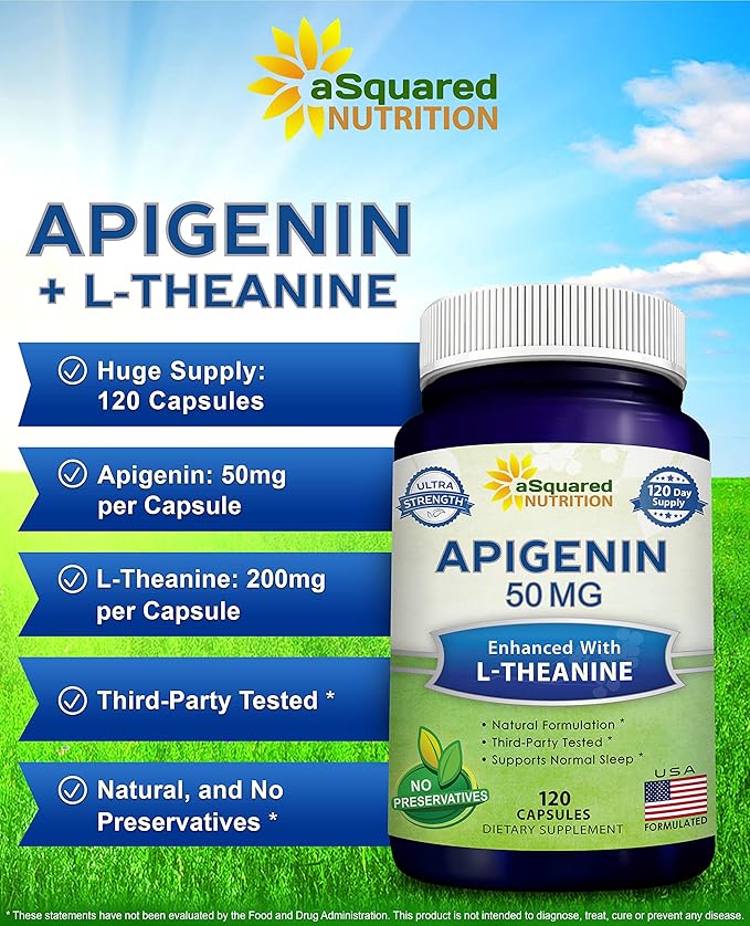 aSquared Nutrition Apigenin 50mg & L-Theanine 200mg - 120 Capsules - Apigenin Supplement Pills for Sleep and Relaxation - Natural Bioflavonoid Extract Found in Chamomile Tea