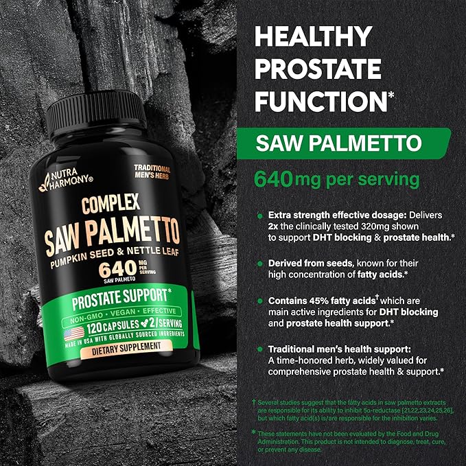 Saw Palmetto for Men 640mg - Pumpkin Seed | Nettle | Zinc & Pygeum - Prostate Health & Urinary Supplement - DHT Blocking & Hair Support - 45% Fatty Acids, Clinical Strength - Made in USA, 120 Capsules