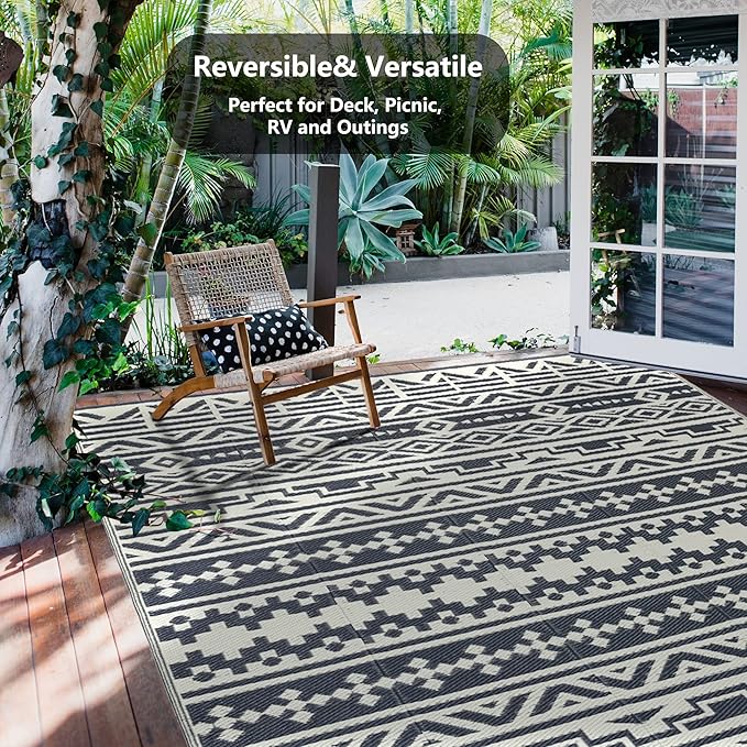 RV Outdoor Rug Waterproof Mat Outdoor Rugs 6'x9' for Patios Clearance Carpet Outdoor Camping Rugs Large Plastic Straw Rug (Geometric Boho Grey&White)